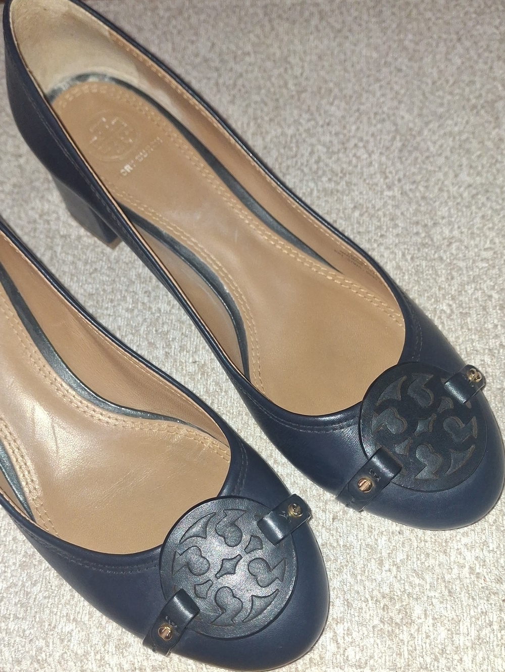Tory Burch Navy Leather Block Heel Pumps with Logo Medallion